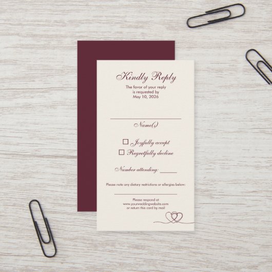Burgundy Elegant Calligraphy Wedding RSVP Card Visitenkarte (Vorderseite/Rückseite Beispiel)
