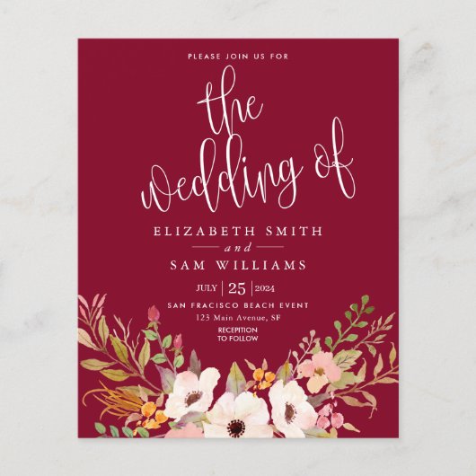 Burgundy Elegant Floral Fall Budget Hochzeit einla Flyer (Vorne)