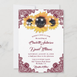 Burgundy Elegant Floral Lace Sunflower Wedding Einladung