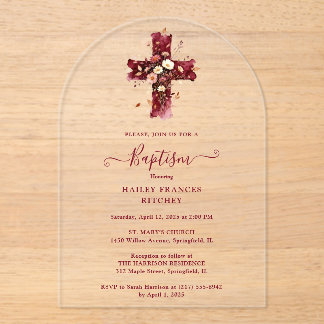 Burgundy Elegant Glitter Floral Cross Baptism Acryleinladungen