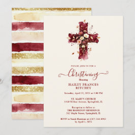Burgundy Elegant Glitter Floral Cross Baptism Einladung