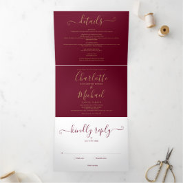 Burgundy Elegant Gold Script Monogram Wedding Dreifach Gefaltete Einladung