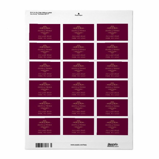 Burgundy Elegant Golden Frame Address Labels Adressaufkleber (Vorne)
