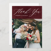 Burgundy Elegant Script Foto Wedding Vielen Dank Dankeskarte (Vorne/Hinten)
