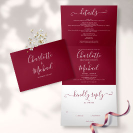 Burgundy Elegant Script Monogram Wedding Dreifach Gefaltete Einladung