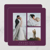 Burgundy Elegant Square Drei Foto Hochzeit Dankeskarte (Vorne/Hinten)