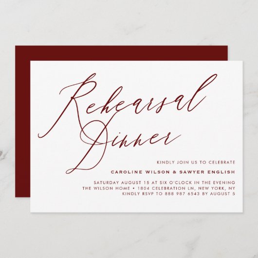 Burgundy Elegante Calligrafy Probe Dinner Einladung (Vorne/Hinten)
