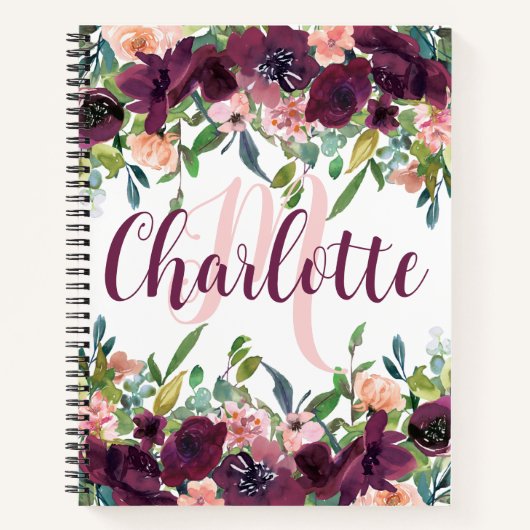 Burgundy elegante Floral Sketchbook Monogram Name Notizblock (Vorderseite)