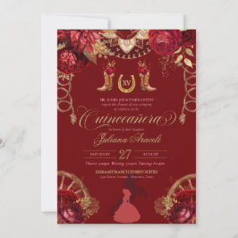 Burgundy Elegante Rose Red Gold Charro Quinceanera Einladung