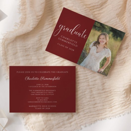 Burgundy Elegante Script Abschluss Foto Einladung