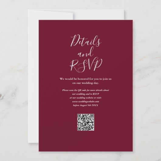 Burgundy Elegante Script QR Code Hochzeit Einladung (Rückseite)