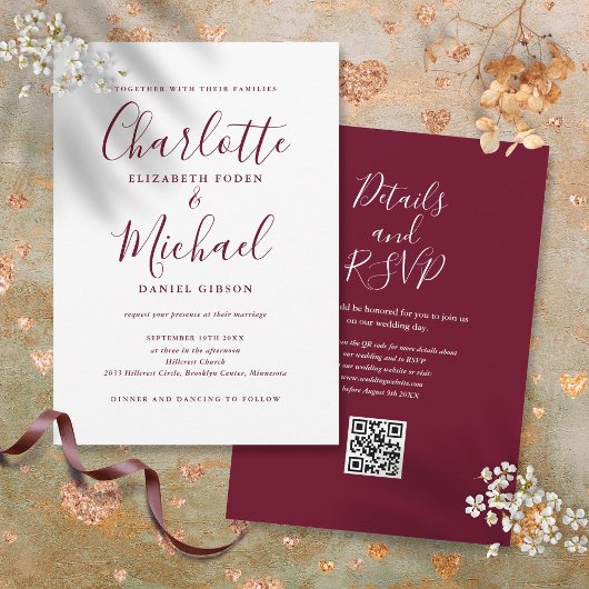 Burgundy Elegante Script QR Code Hochzeit Einladung
