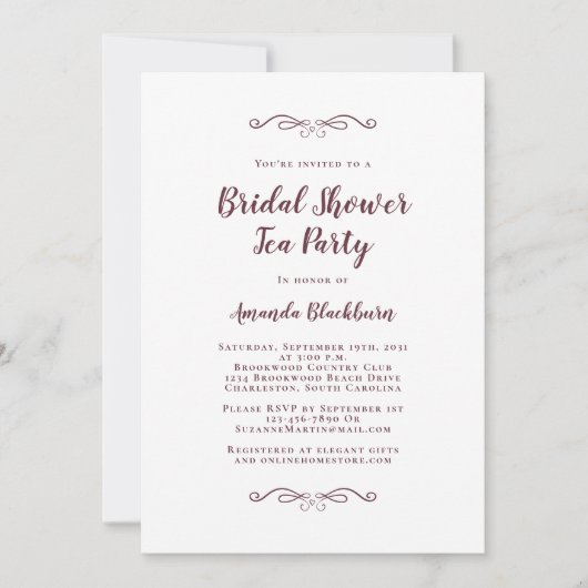Burgundy Elegante Tea Weddings Brautparty Modernes Einladung (Vorderseite)