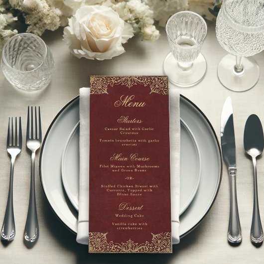 Burgundy Elegante Vintage Gold Script Wedding Menükarte