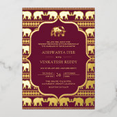Burgundy Elephant Indian Foto Wedding Gold Folieneinladung (Vorderseite)