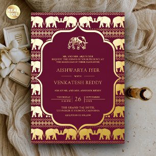 Burgundy Elephant Indian Foto Wedding Gold Folieneinladung