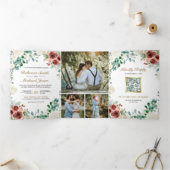 Burgundy Elfenbeinbläserne Blätter QR Code Wedding Dreifach Gefaltete Einladung (Innenseite)