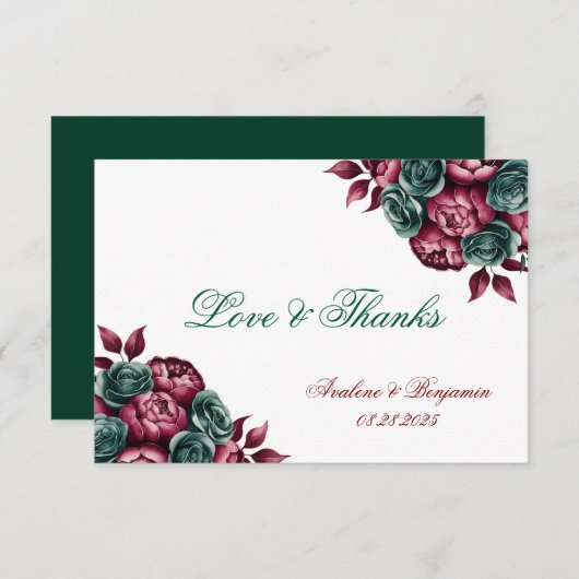 Burgundy Emerald Green Peony Gold Trim Wedding Dankeskarte (Vorne/Hinten)