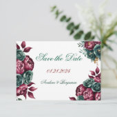 Burgundy Emerald Green Peony Gold Trim Wedding Save The Date (Stehend Vorderseite)