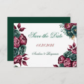 Burgundy Emerald Green Peony Gold Trim Wedding Save The Date (Vorne/Hinten)