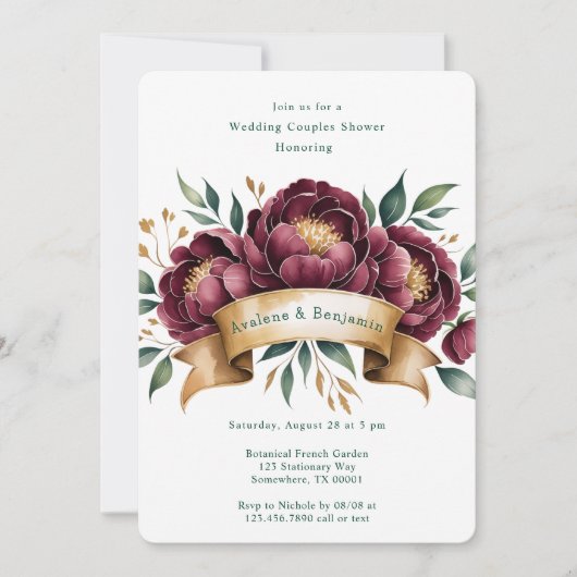 Burgundy & Emerald Peony Wedding Couples Dusche Einladung (Vorderseite)