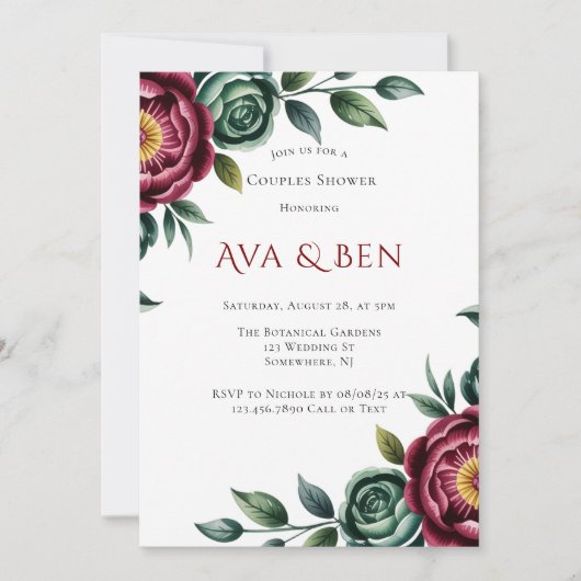 Burgundy & Emerald Peony Winter Couples Dusche Einladung (Vorderseite)