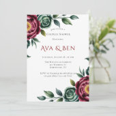 Burgundy & Emerald Peony Winter Couples Dusche Einladung (Stehend Vorderseite)