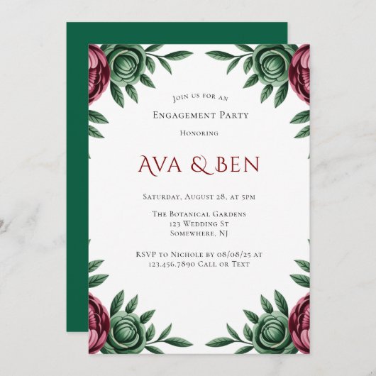 Burgundy & Emerald Peony Winter Engagement Party Einladung (Vorne/Hinten)