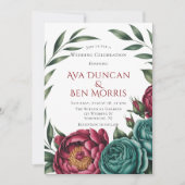 Burgundy & Emerald Peony Winter Wedding Einladung (Vorderseite)