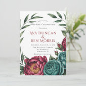 Burgundy & Emerald Peony Winter Wedding Einladung (Stehend Vorderseite)