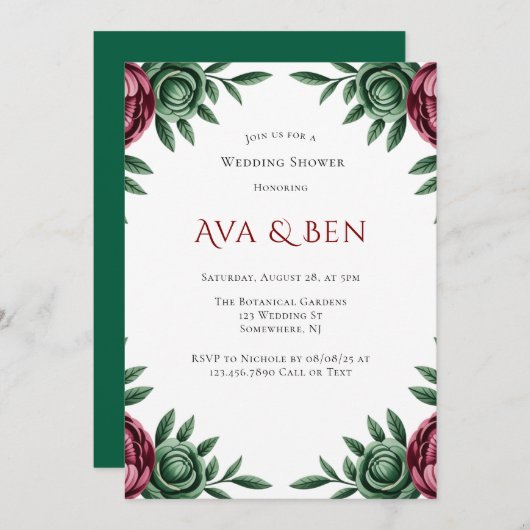 Burgundy & Emerald Peony Winter Wedding Shower Einladung (Vorne/Hinten)