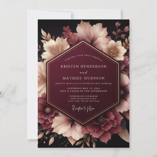 Burgundy Ethereal Bloom Wedding Einladung (Vorderseite)