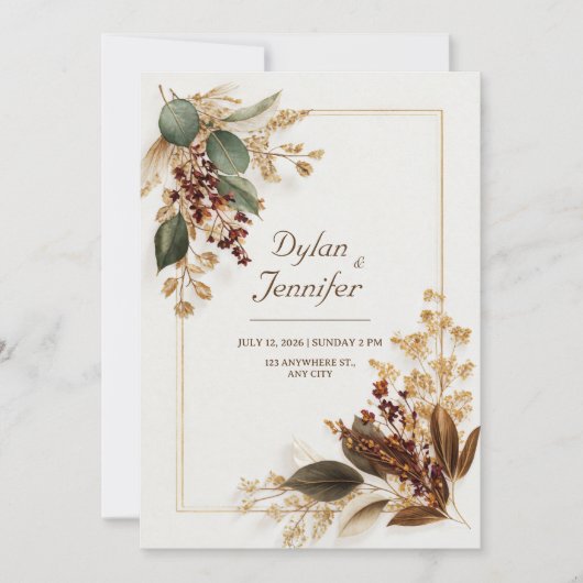 Burgundy Eucalyptus Gold Dried Floral Wedding Einladung (Vorderseite)