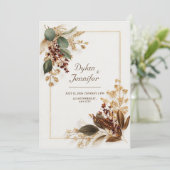 Burgundy Eucalyptus Gold Dried Floral Wedding Einladung (Stehend Vorderseite)