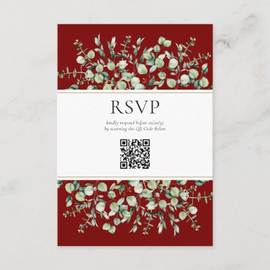 Burgundy Eucalyptus QR Code Wedding RSVP Begleitkarte (Vorderseite)