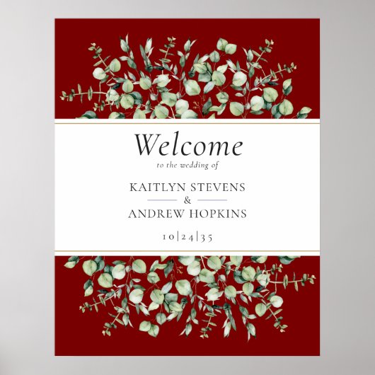 Burgundy Eucalyptus Wedding Willkommen Poster (Vorne)