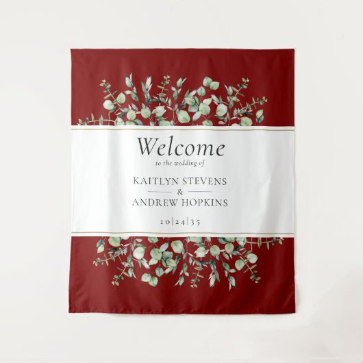 Burgundy Eucalyptus Wedding Willkommen Wandteppich (Vorderseite)