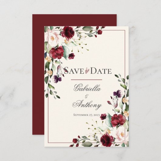 Burgundy Eukalyptus Floral Wedding Save the Date (Vorne/Hinten)