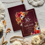 Burgundy Fall Blume Elegantes Skript 30. Geburtsta Einladung<br><div class="desc">Schöne Blume aus dem Fall zieren zwei Ecken eines goldenen Rahmens. Rote Rosen,  Terrakotta-Blume und weiße Bäume harmonieren mit grünen Blätter und Blattwerk. Die Blume und der moderne weiße Skript-Pop vor dem bordeauxroten Hintergrund. Dieser Artikel ist Teil der Burgundy Fall Blume Kollektion.</div>