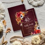 Burgundy Fall Blume Elegantes Skript 40. Geburtsta Einladung<br><div class="desc">Schöne Blume aus dem Fall zieren zwei Ecken eines goldenen Rahmens. Rote Rosen,  Terrakotta-Blume und weiße Bäume harmonieren mit grünen Blätter und Blattwerk. Die Blume und der moderne weiße Skript-Pop vor dem bordeauxroten Hintergrund. Dieser Artikel ist Teil der Burgundy Fall Blume Kollektion.</div>