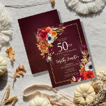 Burgundy Fall Blume Elegantes Skript 50. Geburtsta Einladung<br><div class="desc">Schöne Blume aus dem Fall zieren zwei Ecken eines goldenen Rahmens. Rote Rosen,  Terrakotta-Blume und weiße Bäume harmonieren mit grünen Blätter und Blattwerk. Die Blume und der moderne weiße Skript-Pop vor dem bordeauxroten Hintergrund. Dieser Artikel ist Teil der Burgundy Fall Blume Kollektion.</div>