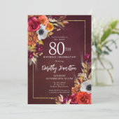 Burgundy Fall Blume Elegantes Skript 80. Geburtsta Einladung (Stehend Vorderseite)