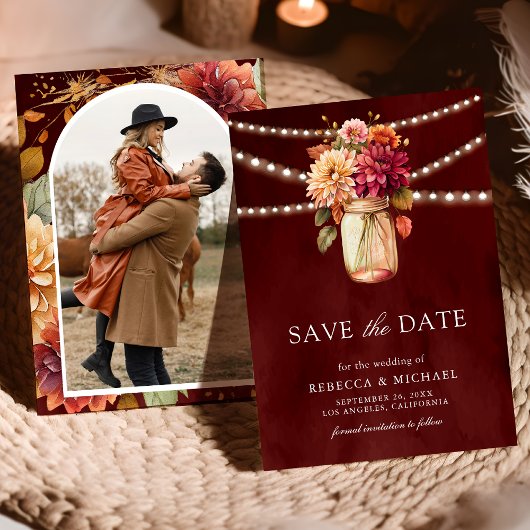 Burgundy Fall Dahlia Mason Jar Foto Wedding Save The Date