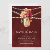 Burgundy Fall Dahlia Mason Jar Foto Wedding Save The Date (Vorderseite)