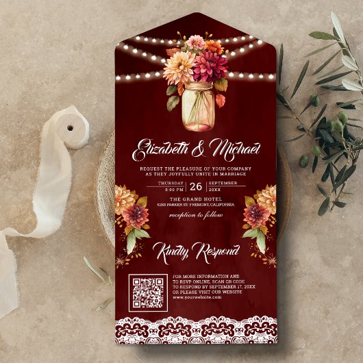 Burgundy Fall Dahlia Mason Jar QR Code Wedding All In One Einladung