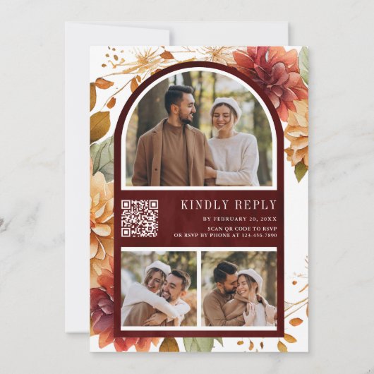 Burgundy Fall Dahlia Mason Jar QR Code Wedding Einladung (Rückseite)