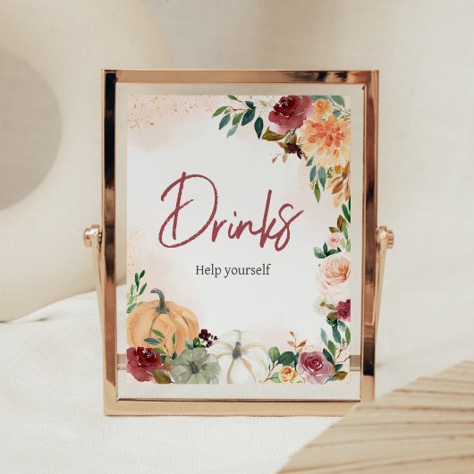 Burgundy Fall Floral Pumpkin Baby Dusche Drinks Poster