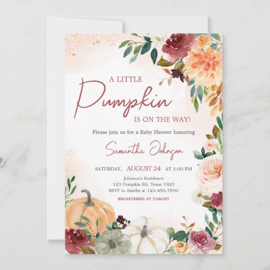Burgundy Fall Floral Pumpkin Baby Dusche Einladung (Vorderseite)