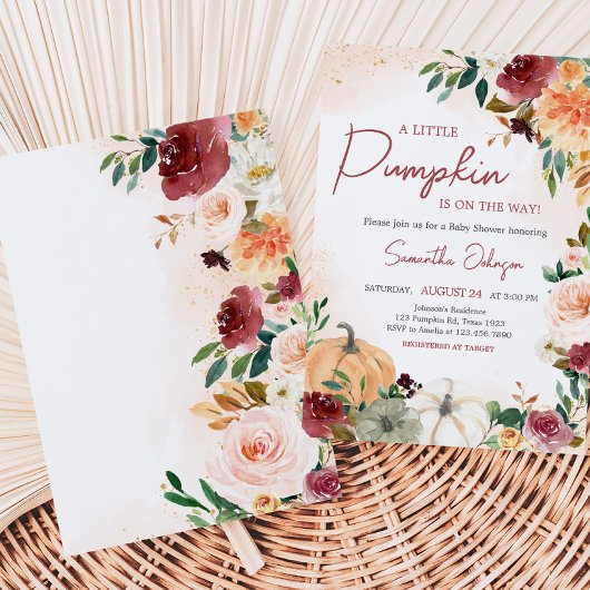 Burgundy Fall Floral Pumpkin Baby Dusche Einladung