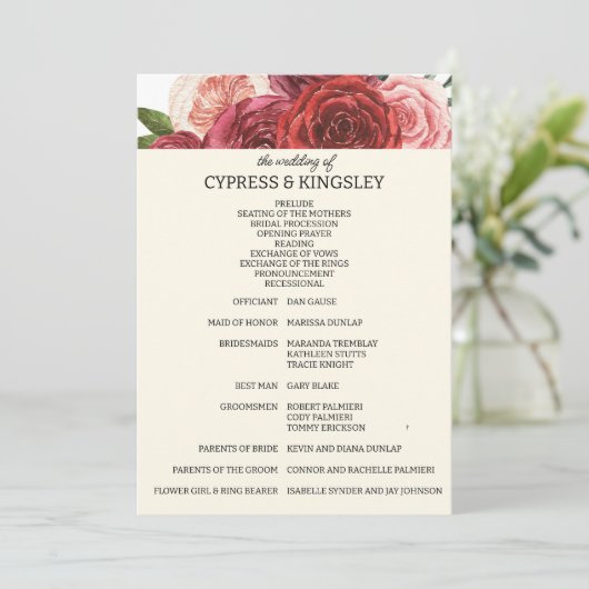 Burgundy Fall Floral Wedding Program Programm (Stehend Vorderseite)